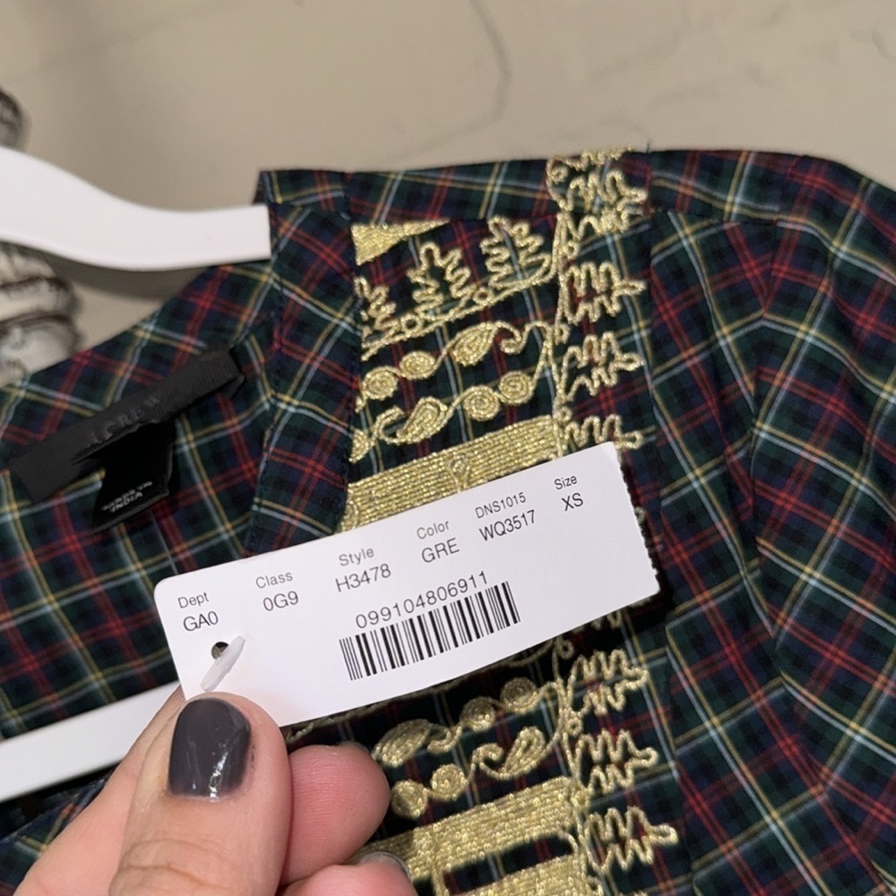 J.Crew Women's Plaid Gold Embroidered Peasant Woven Top XS NEW H3478 Holiday - Picture 5 of 9